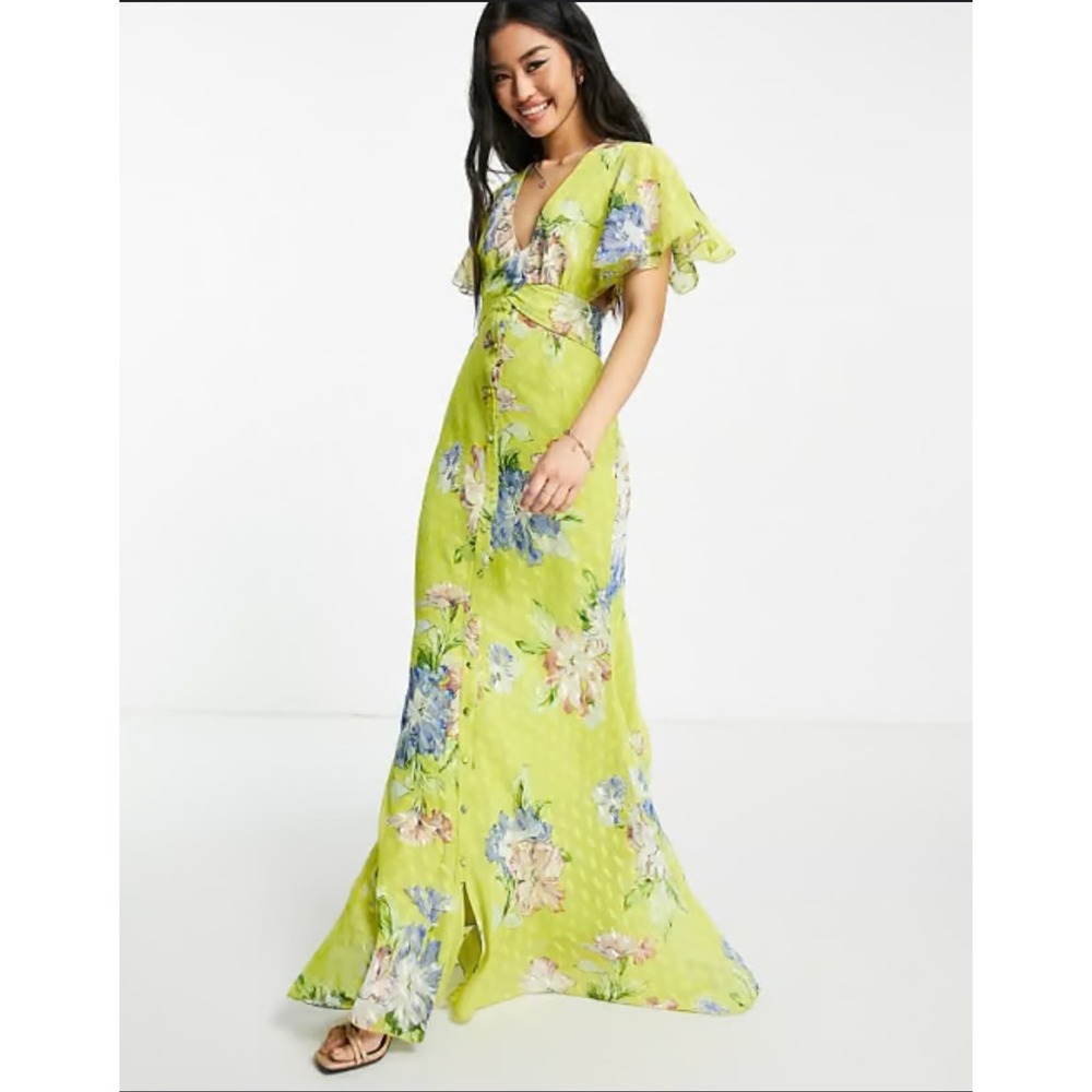 NWT ASOS‎ Design Floral Maxi Tea Dress Green Button Front Flutter Sleeve Size 4